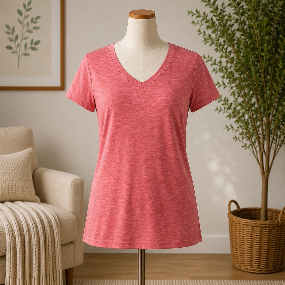 Beverly Hills Polo Club Womens V-Neck T-Shirt Medium Rose Pink‎ Slub Knit Tee